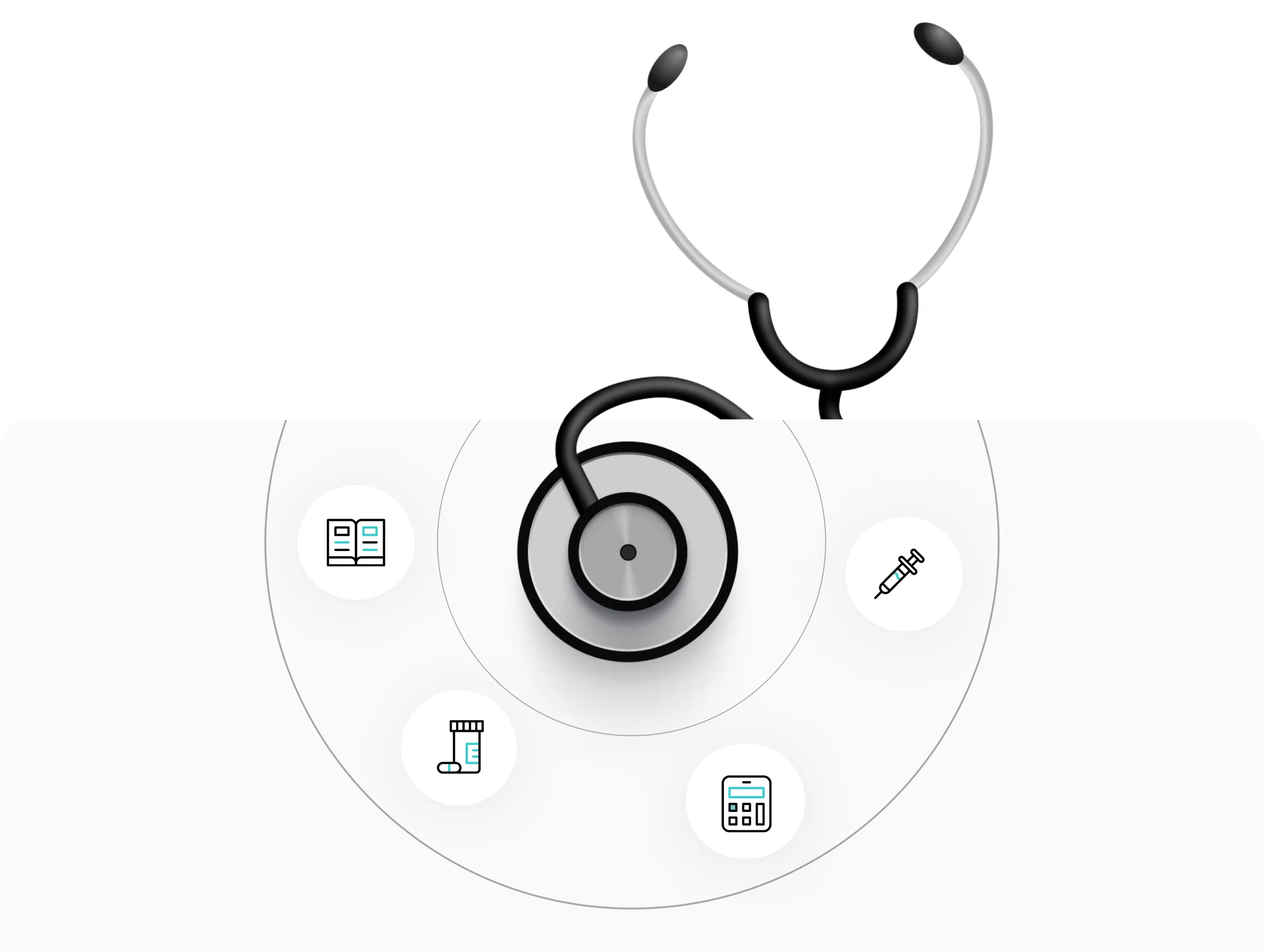 Stethoscope resting over icons for the handbook, drugs, syringe and calculator