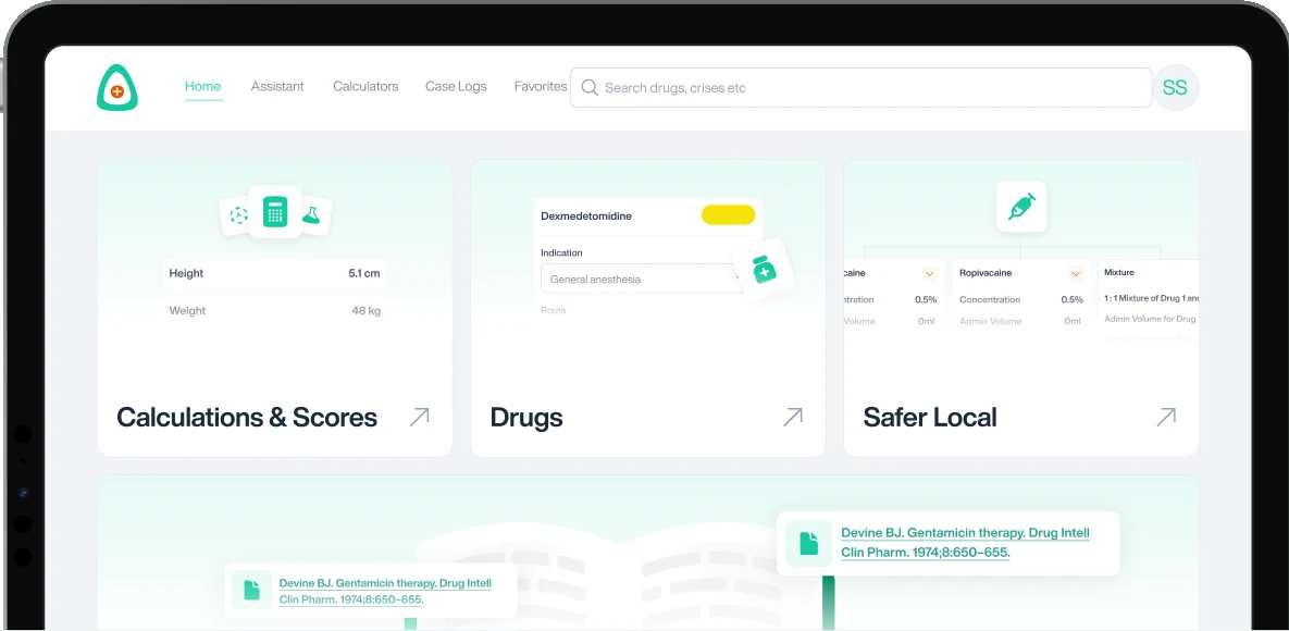 The AnesthesiaOne web app on a tablet, with its Calculations & Scores, Drugs and Safer Local modules and a cited handbook reference.