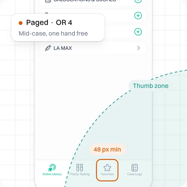App screen annotated with the thumb zone and 48px tap targets
