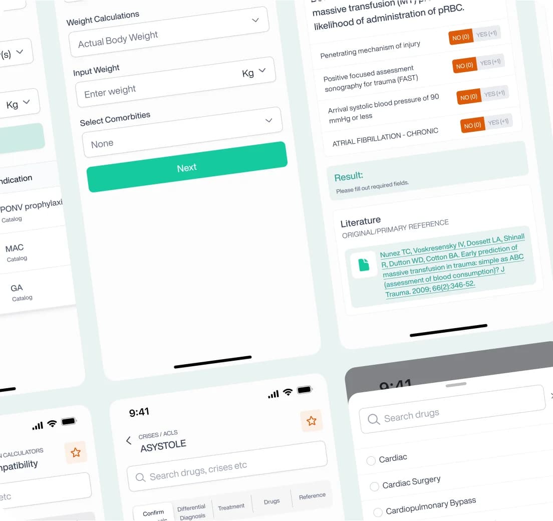 Calculator and drug dosing screens from the app