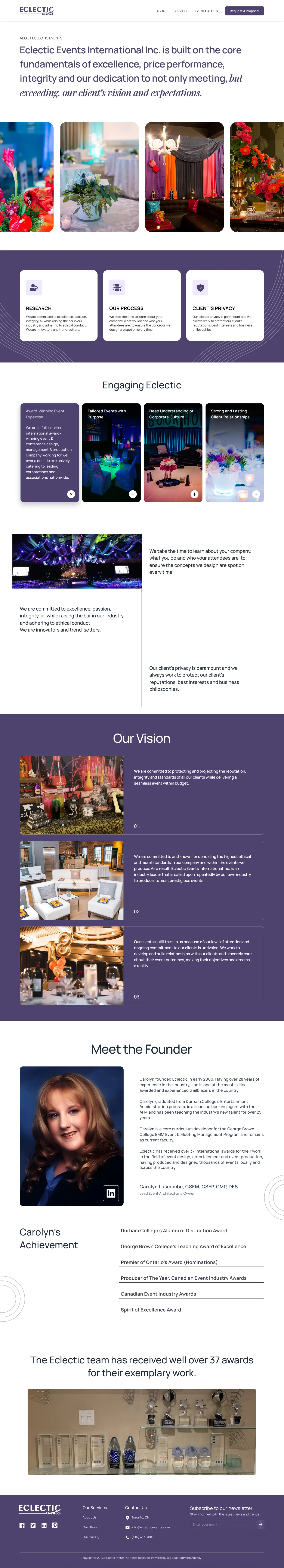 The new About page, top to bottom: the company statement, a strip of event photos, its story, values, awards and the footer.