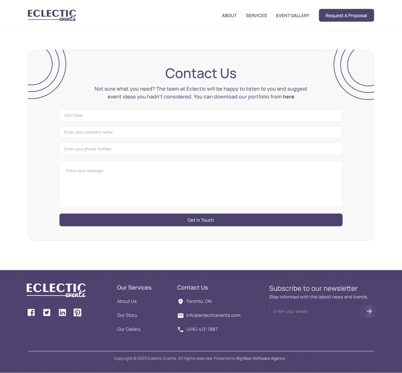 The new Contact page: “Contact Us” with fields for name, company, phone and message, and a “Get In Touch” button.