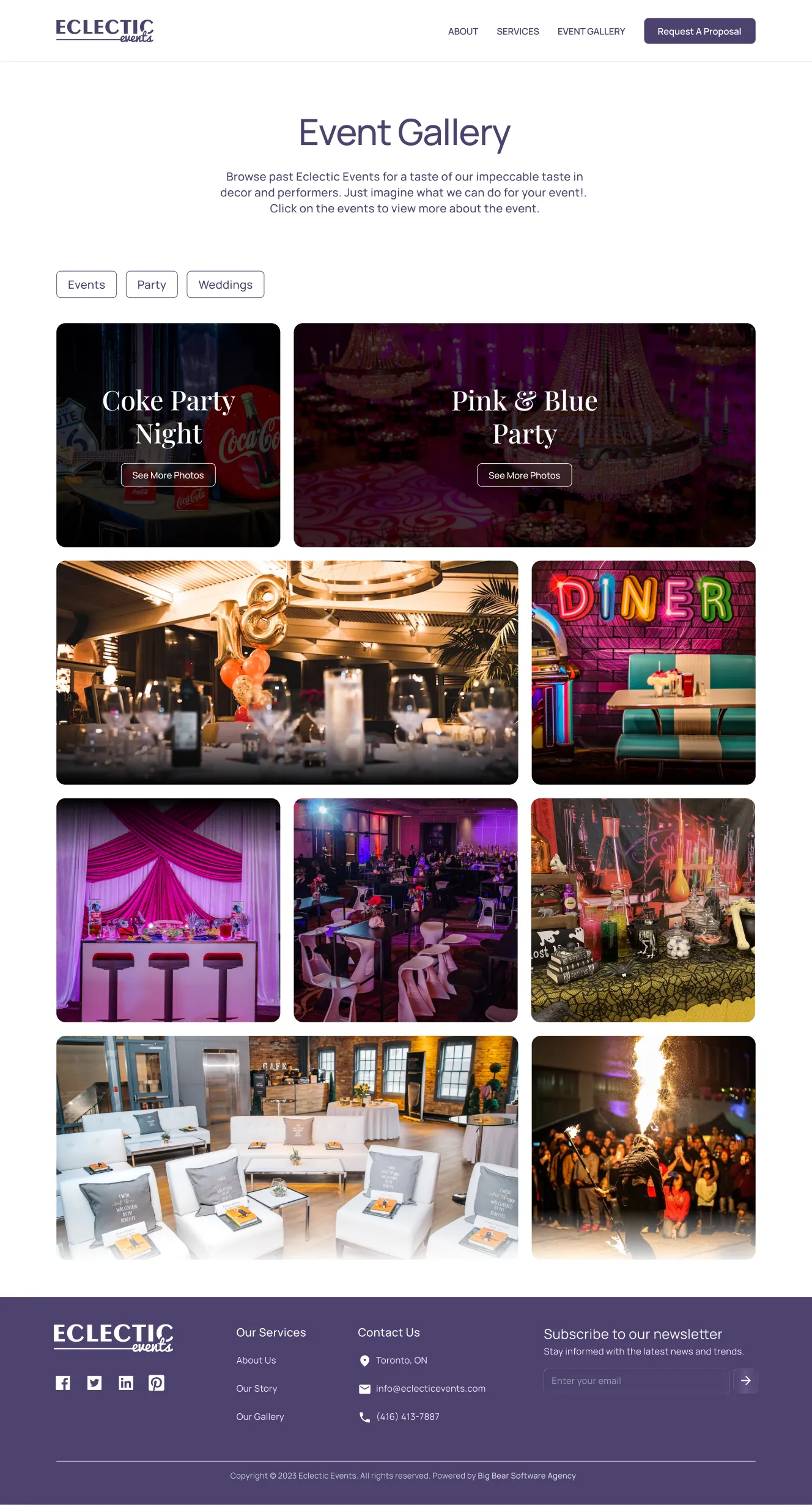 The new Event Gallery: filters for Events, Party and Weddings over a grid of event photos, from “Coke Party Night” to “Pink & Blue Party”.