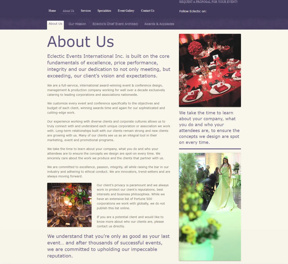 Before: the old About Us page, purple nav tabs over cream, dense small text beside a table setting and a bride in a garden