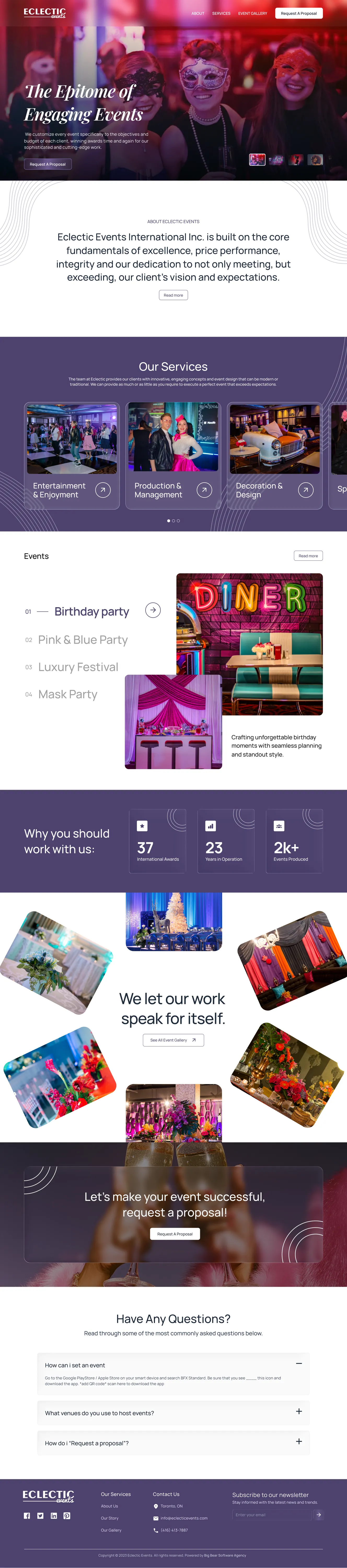 The new Services page: “Our Services” cards for entertainment, production and decoration, then recent events and the footer.