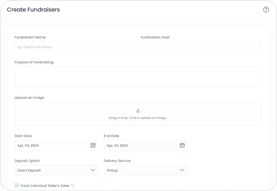 The Create Fundraisers form: name, goal, purpose, image upload, dates and delivery options