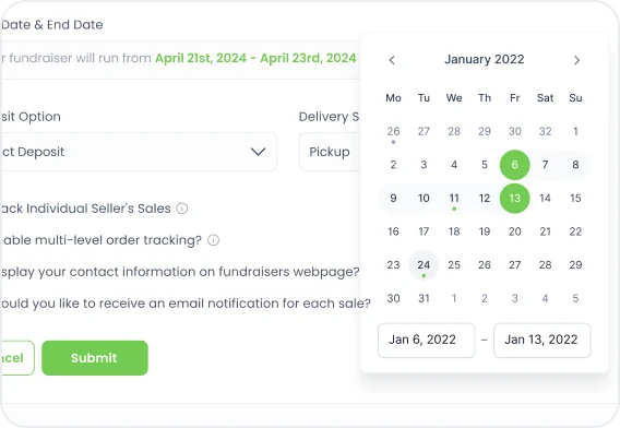 The start and end date picker, with a January calendar open over the fundraiser settings