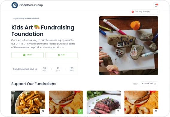 The public Kids Art Fundraising Foundation page with its countdown, contact buttons and products