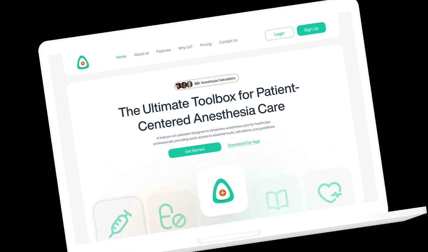 The AnesthesiaOne website on a laptop: “The Ultimate Toolbox for Patient-Centered Anesthesia Care”, with Get Started and Download Our App buttons.