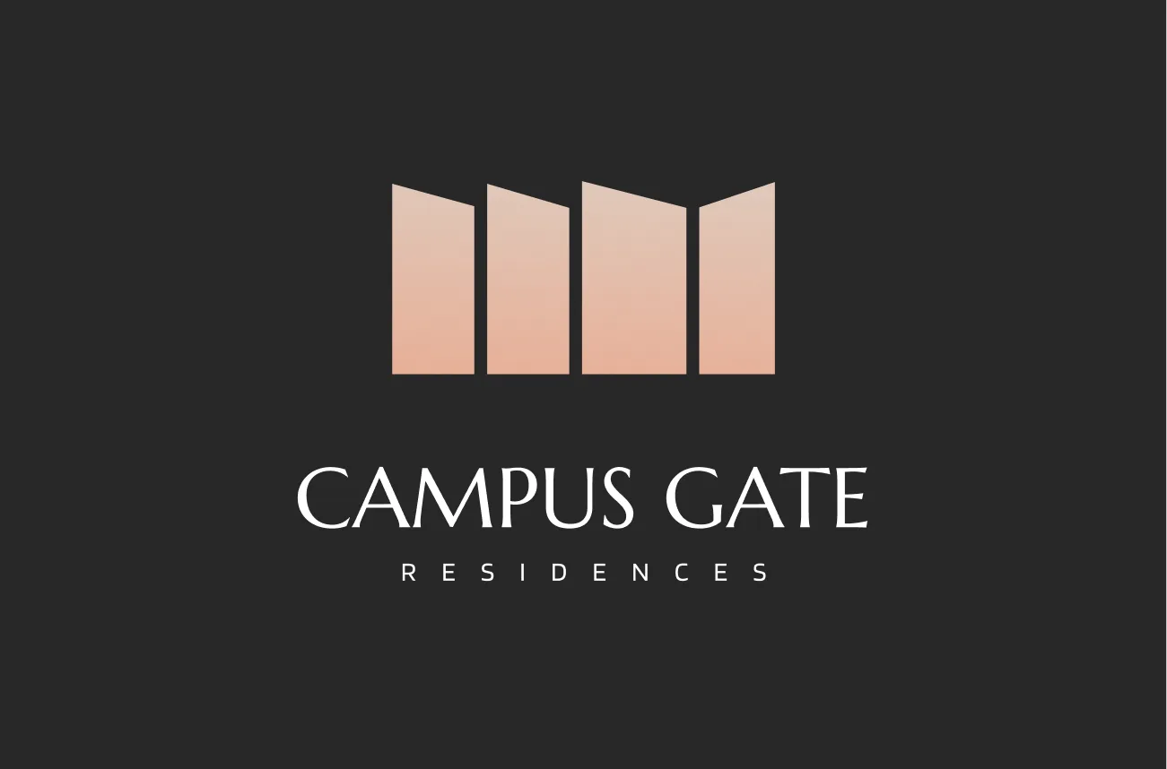 The Campus Gate Residences logo: four peach gate panels over the wordmark, on charcoal