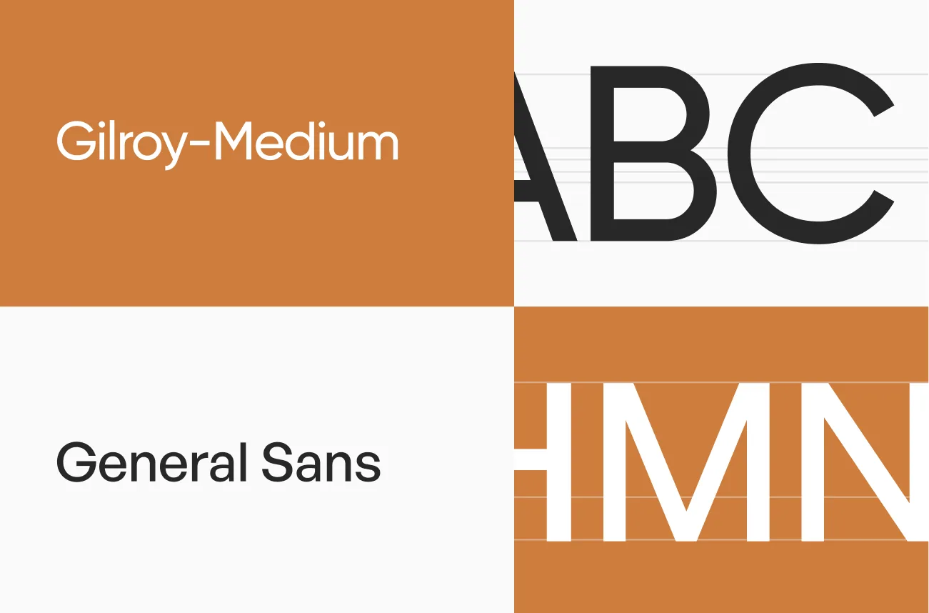 Type specimen: Gilroy Medium and General Sans, with large ABC and HMN letterforms on brown and white