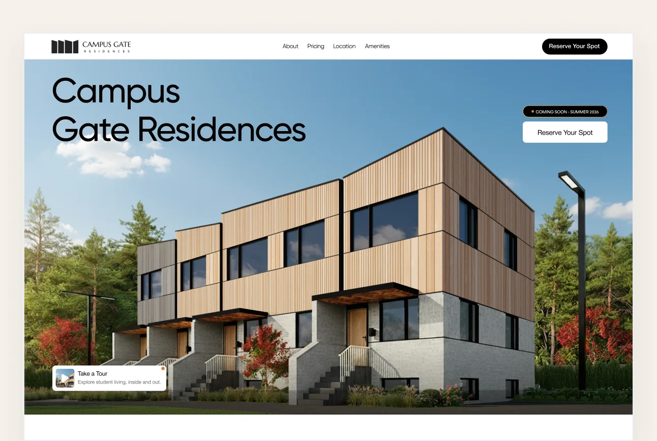 The Campus Gate homepage hero: “Campus Gate Residences” over the timber-clad townhouses