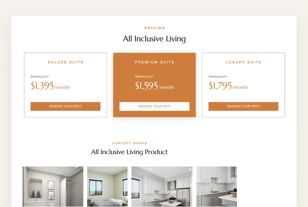 The pricing section: Deluxe, Premium and Luxury suites from $1,395 a month, above photos of the rooms