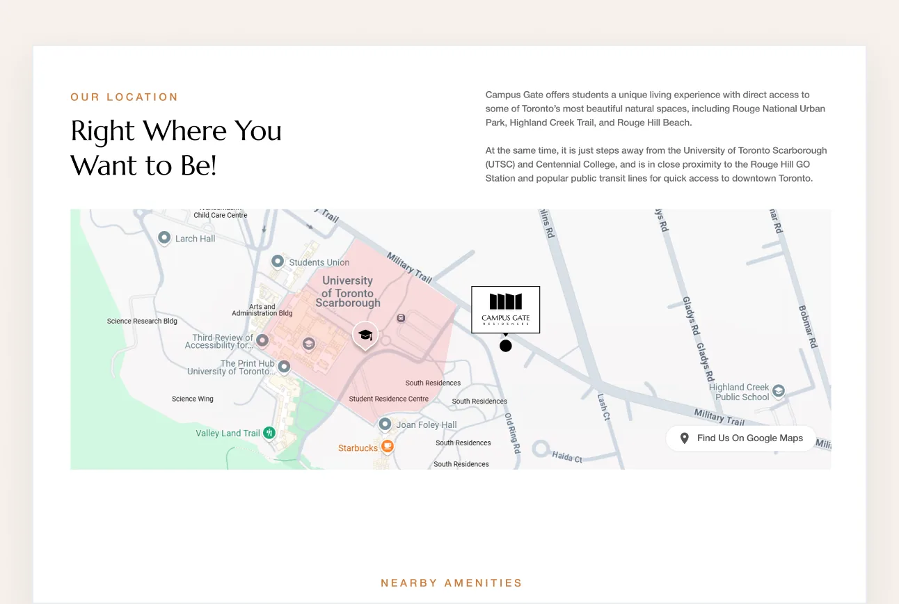 The location section: “Right Where You Want to Be!” beside a map of the campus and nearby amenities