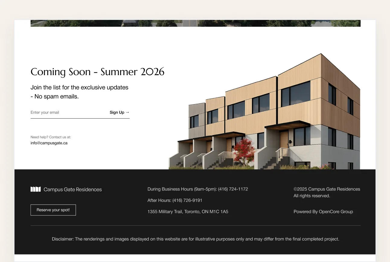 The signup: “Coming Soon – Summer 2026”, an email field and the site footer