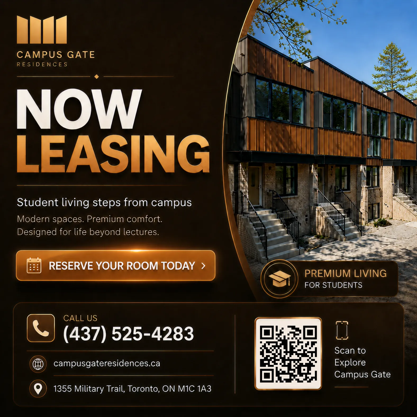 Now Leasing billboard: student living steps from campus, reserve your room today, with a QR code