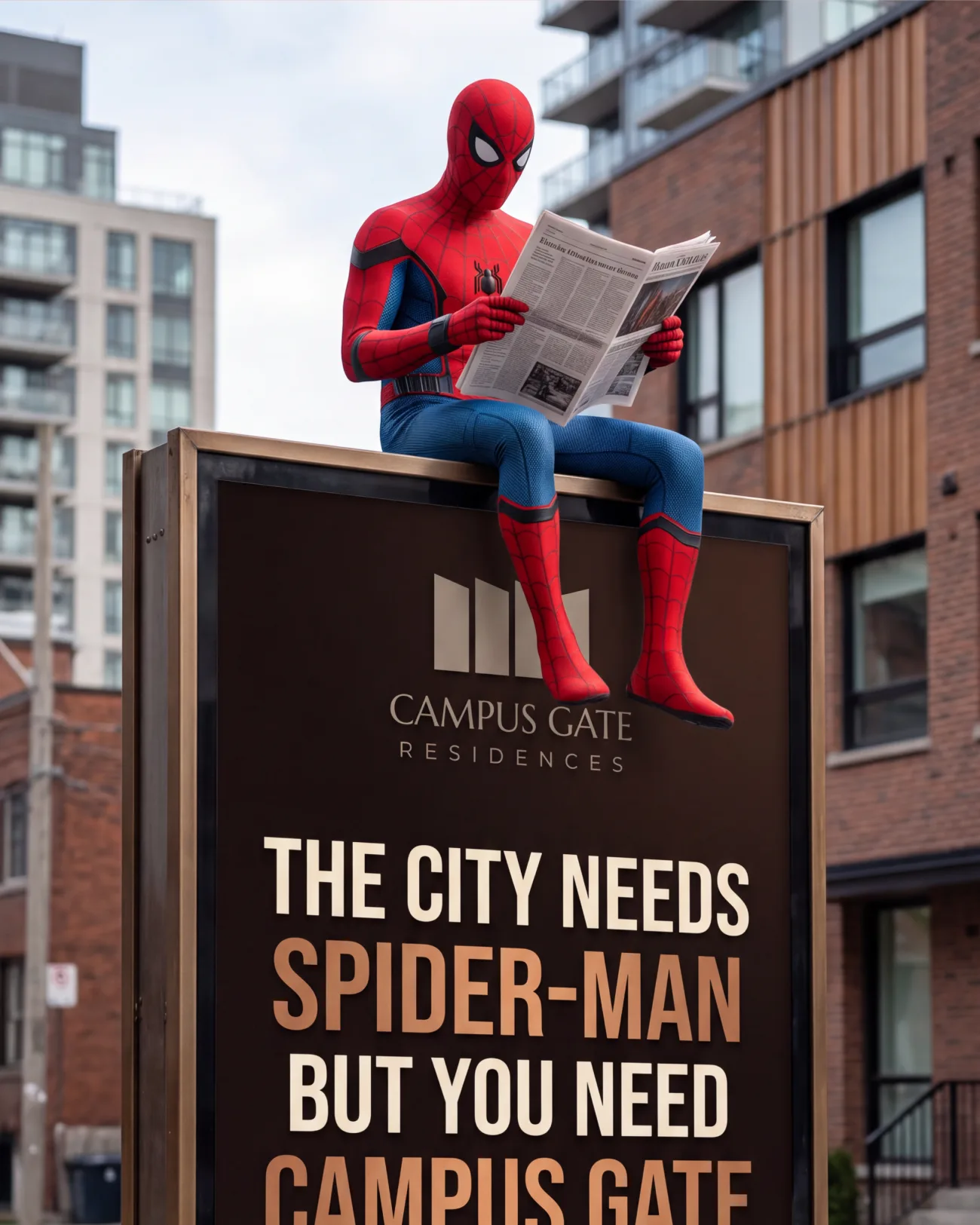 A Campus Gate billboard with Spider-Man reading a paper on top: “The city needs Spider-Man, but you need Campus Gate”