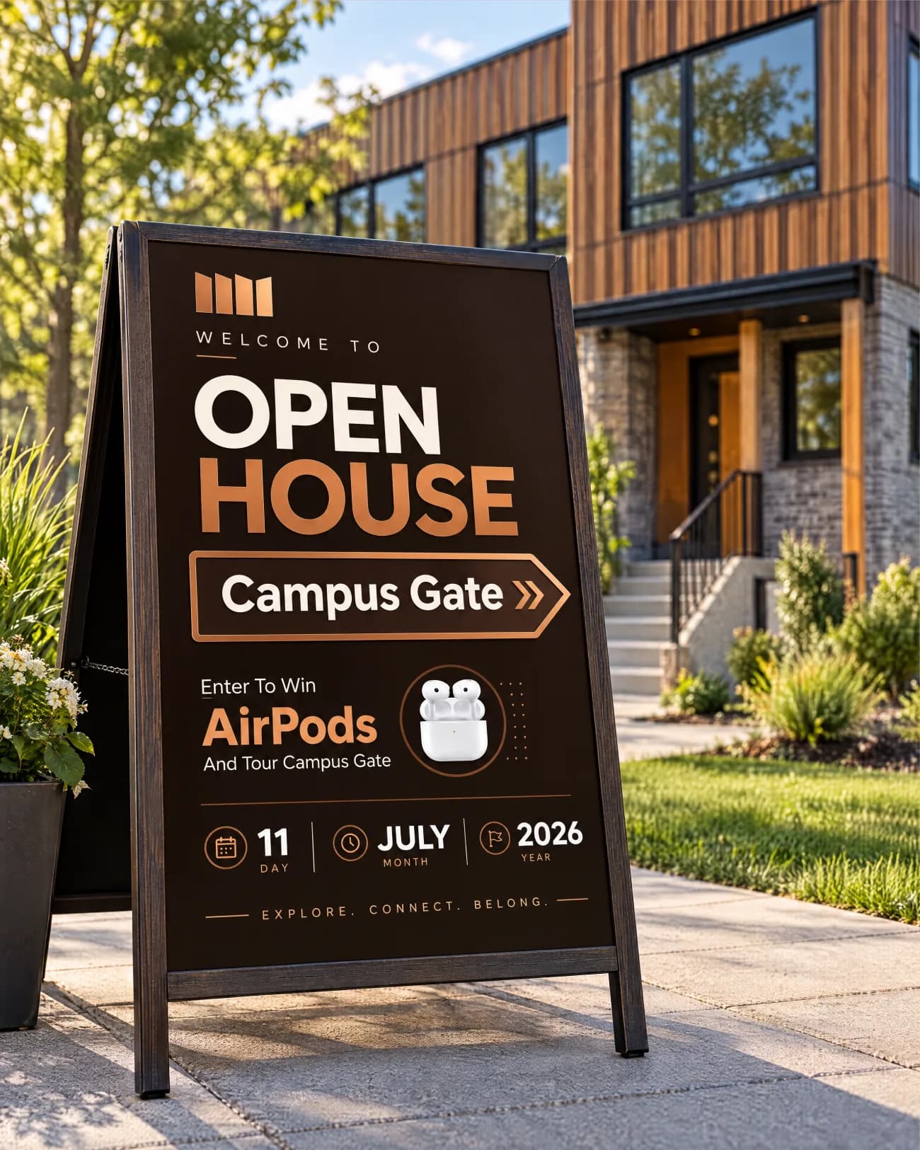 A Campus Gate sandwich board outside the residence: “Welcome to Open House”, enter to win AirPods, 11 July 2026
