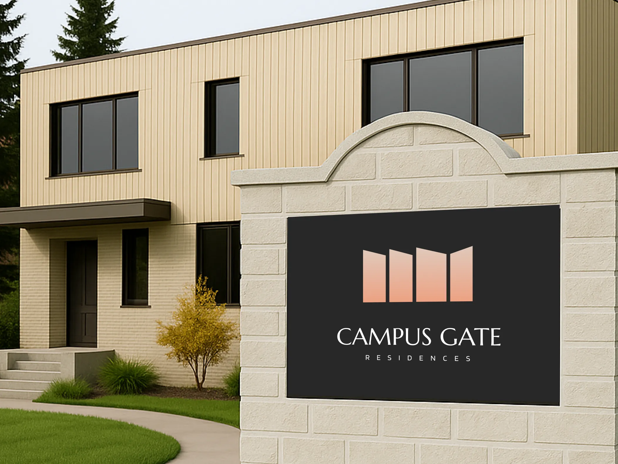 The Campus Gate logo on a dark panel set into a stone entrance wall