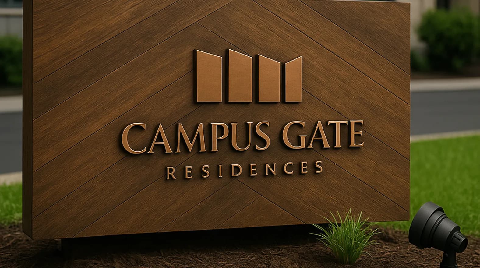 The Campus Gate logo carved into a timber sign