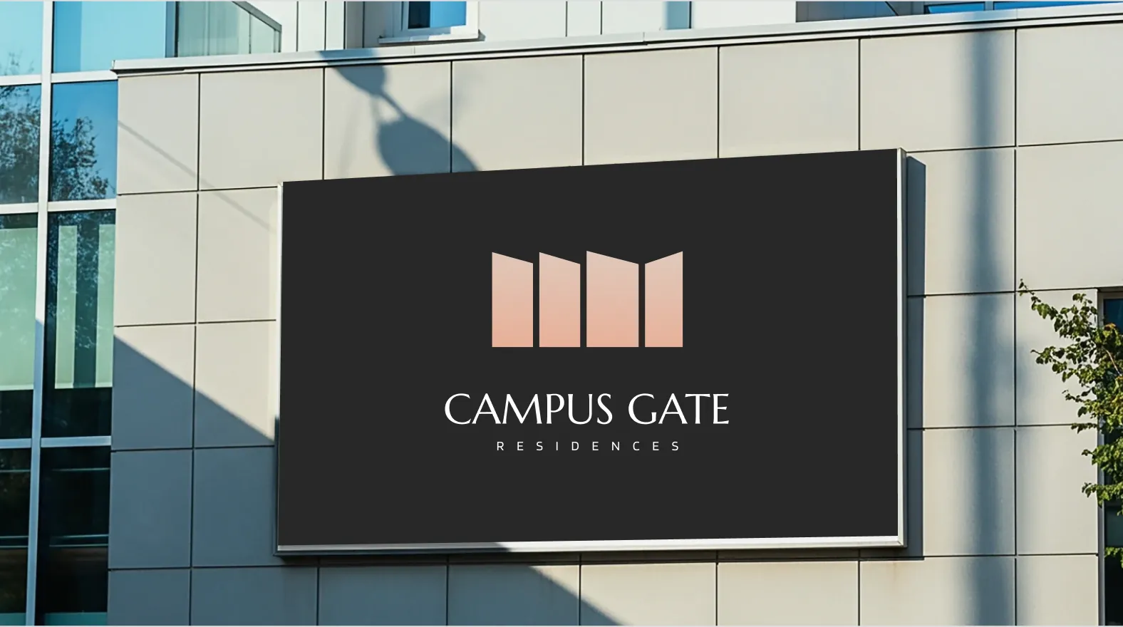 A dark Campus Gate panel mounted on a tiled building wall