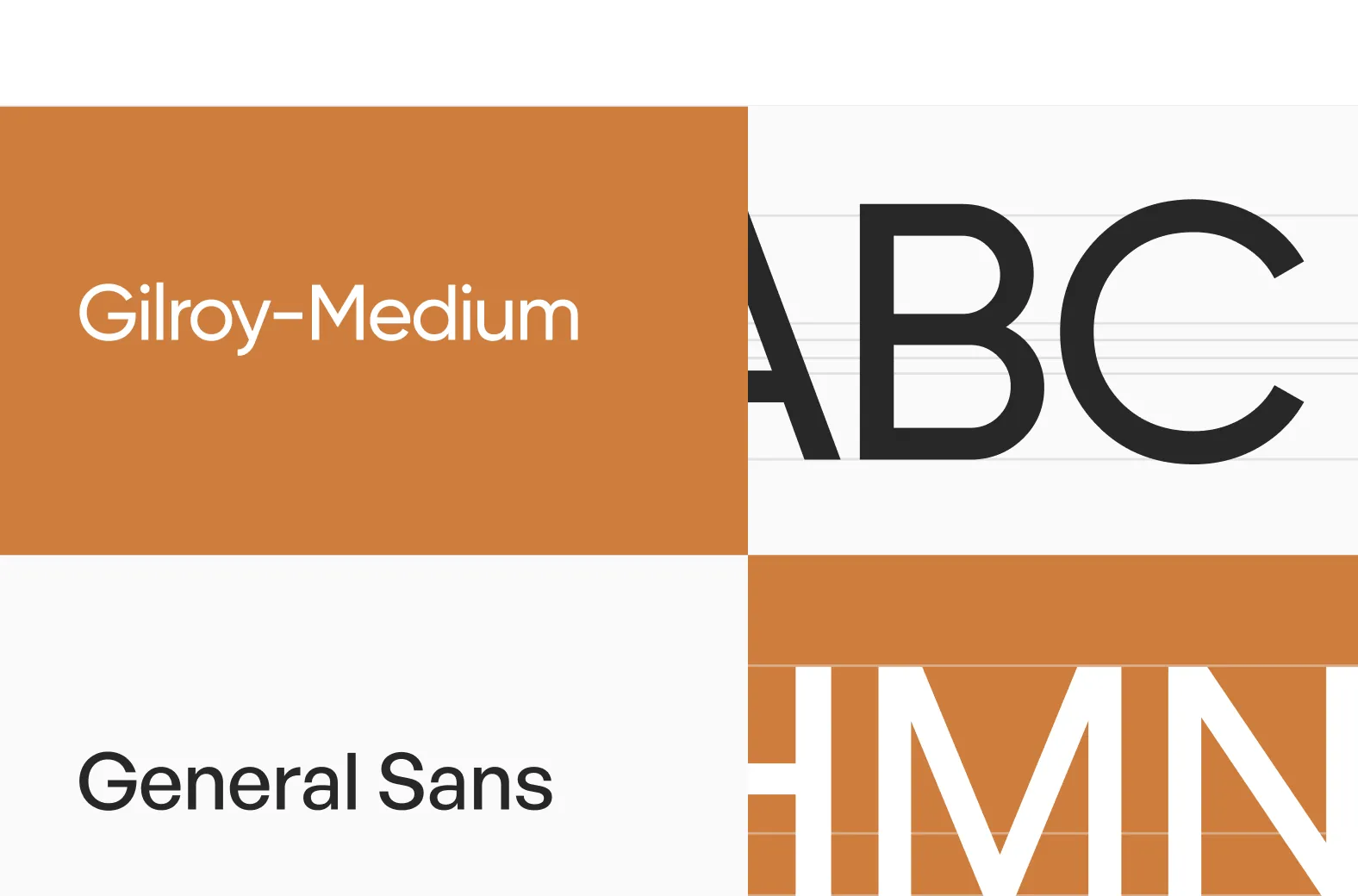Type specimen: Gilroy Medium and General Sans, with large ABC and HMN letterforms on brown and white