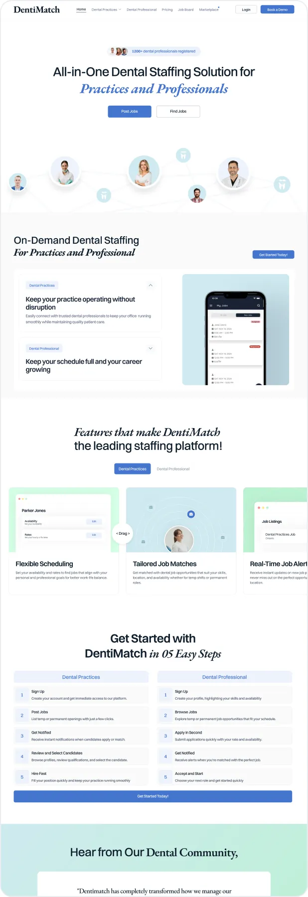 The DentiMatch landing page on a phone: hero, features and how it works