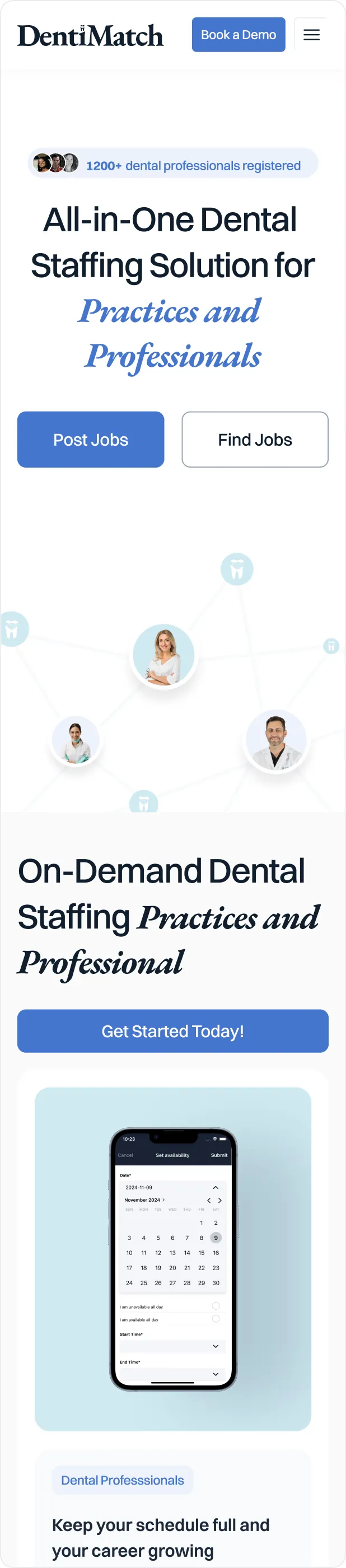 The DentiMatch landing page on a phone, scrolled through every section