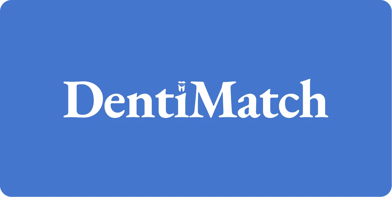 The new DentiMatch wordmark in white serif type on DentiMatch blue
