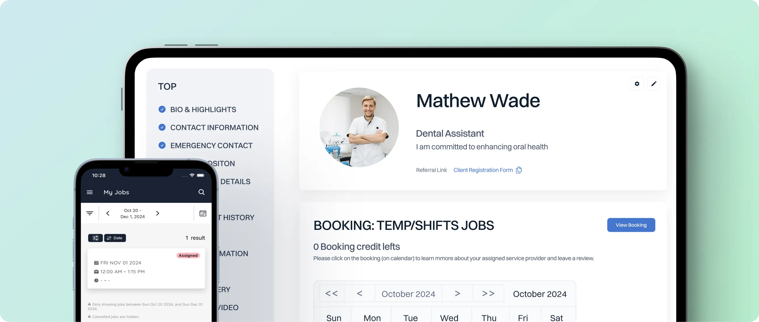 The DentiMatch client dashboard on a laptop beside the booking flow on an iPhone