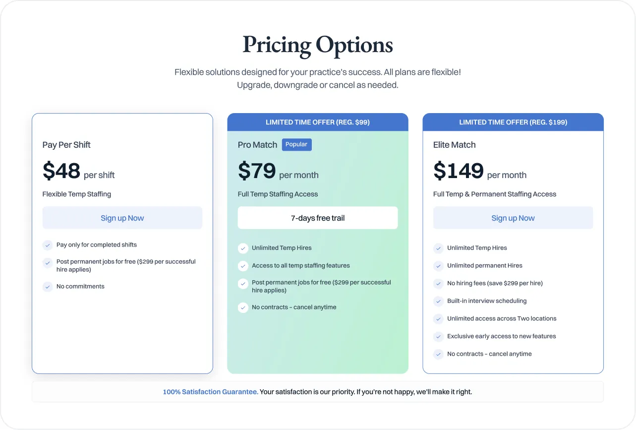 DentiMatch pricing options: Pay Per Shift, Pro Match and Elite Match