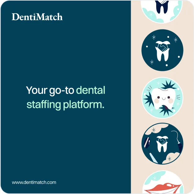 Instagram post: “Your go-to dental staffing platform”, beside a column of tooth illustrations
