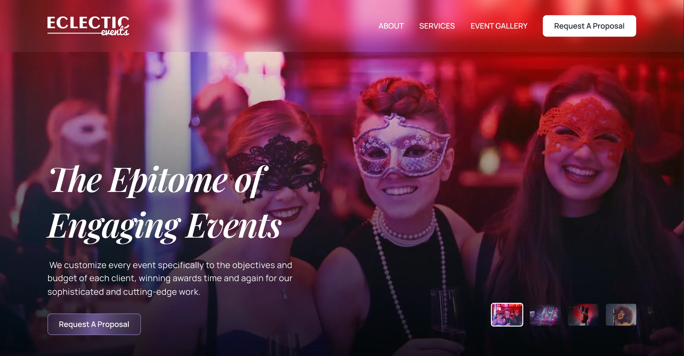 After: the new Eclectic Events homepage, “The Epitome of Engaging Events”, over guests in masquerade masks
