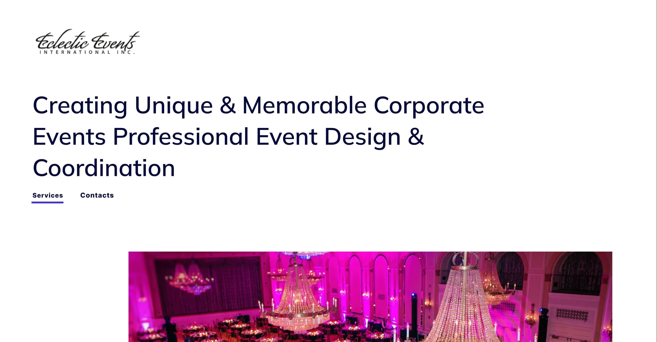 Before: the old Eclectic Events homepage, “Creating Unique & Memorable Corporate Events”, over a pink ballroom