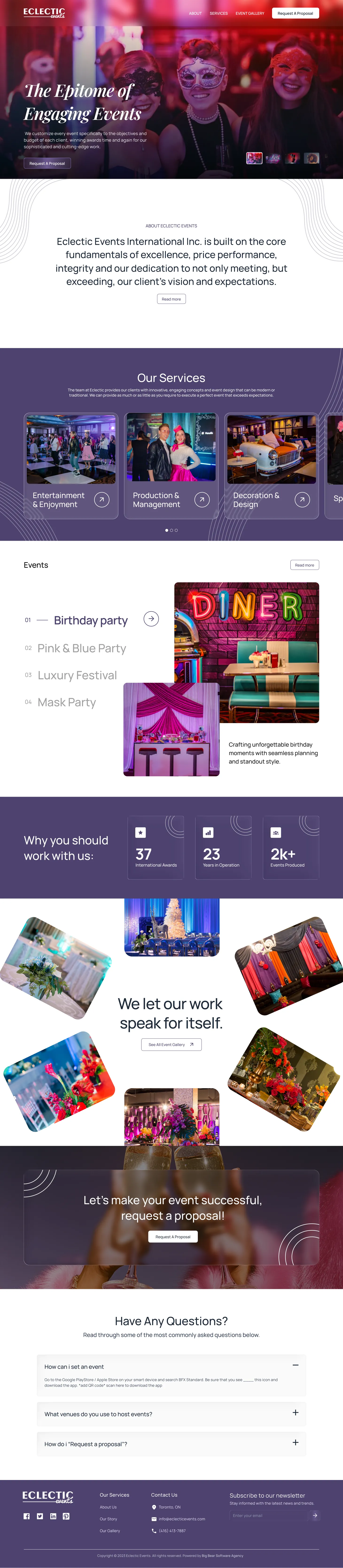 The new homepage on desktop, top to bottom: hero, About, Our Services, recent events, “Why you should work with us” stats, a photo wall, the proposal call to action, FAQs and footer.