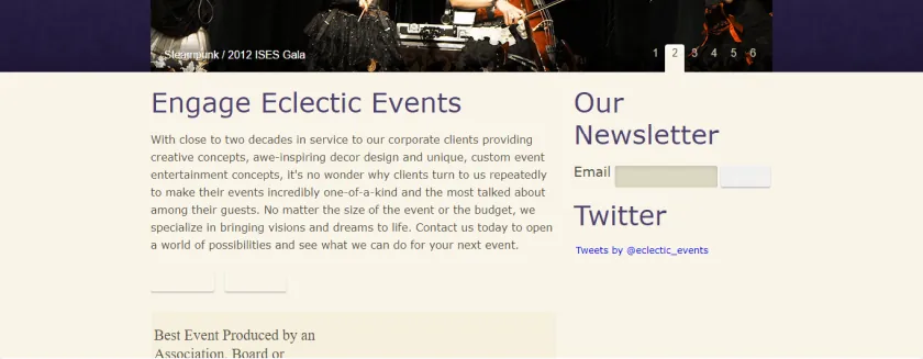 Before: the old homepage, “Engage Eclectic Events” beside a newsletter box, on cream
