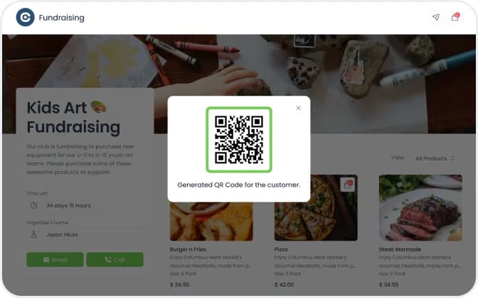 A QR code dialog over the fundraiser page, with a scan line passing over it