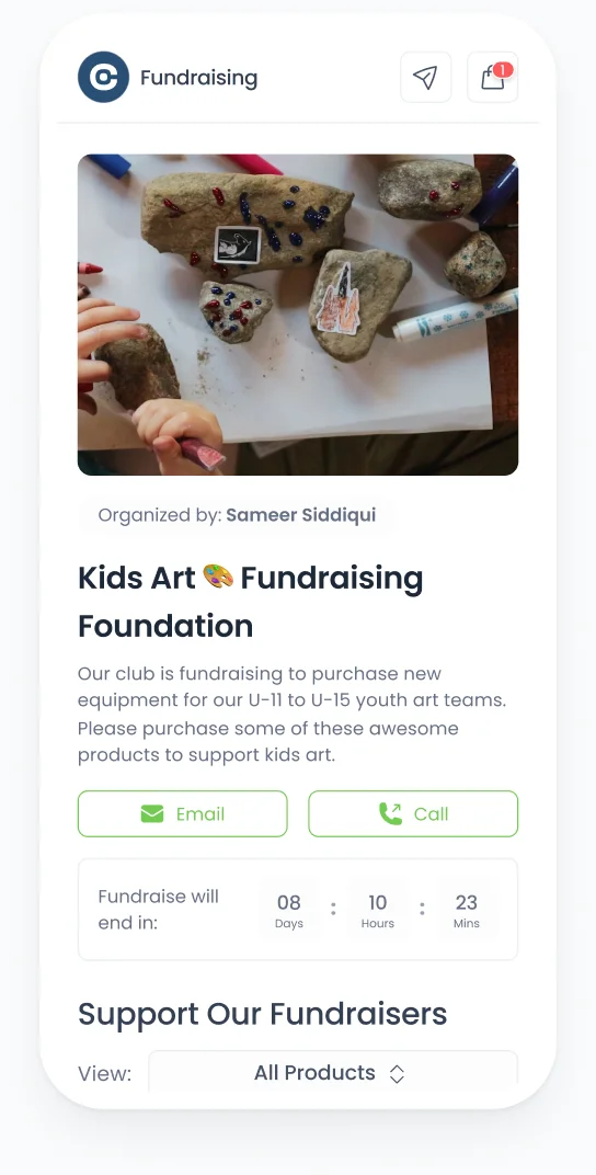 A phone wireframe of the fundraiser page with a countdown and product tiles