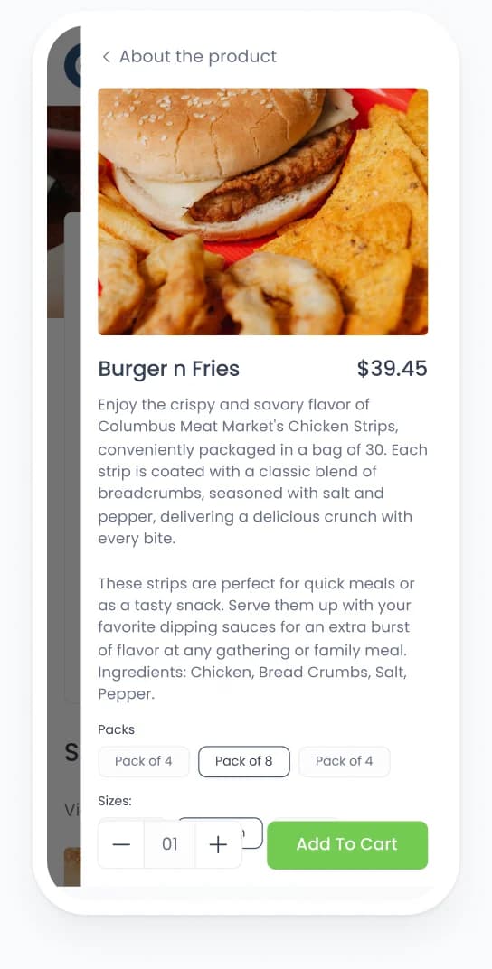A phone wireframe of a product page with pack options and an Add To Cart button