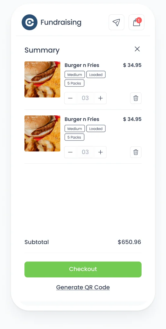 A phone wireframe of the bag summary with line items, a subtotal and checkout