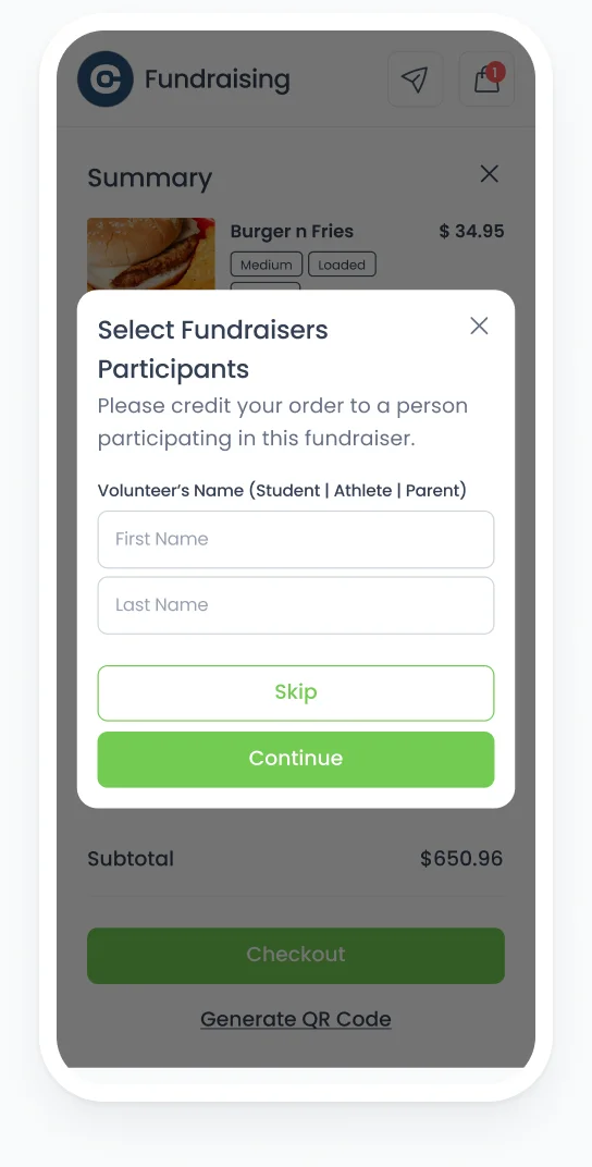 A phone wireframe of the dialog for naming the participant the order is credited to