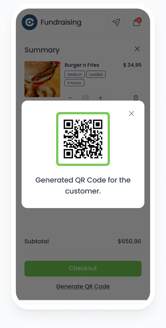 A phone wireframe of a generated QR code for the customer to pay