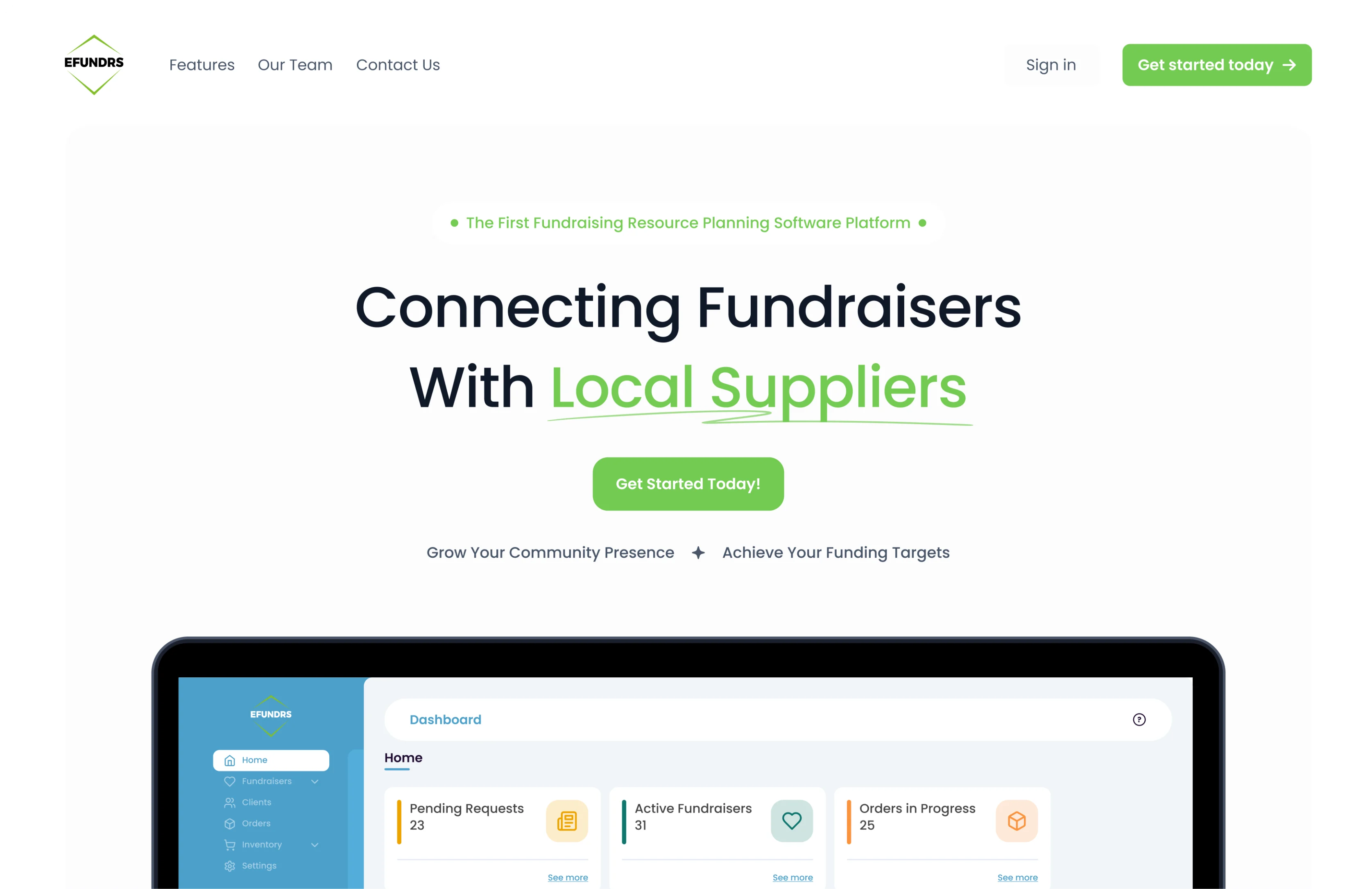 The eFundrs website on a laptop: “Connecting Fundraisers With Local Suppliers”, with a Get Started Today button above the organization dashboard.