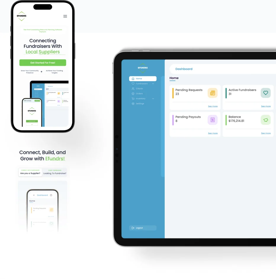 eFundrs on an iPhone, “Connecting Fundraisers With Local Suppliers”, beside the organization dashboard on an iPad
