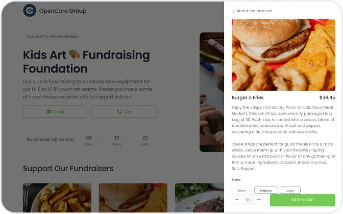 The fundraiser page with its product grid