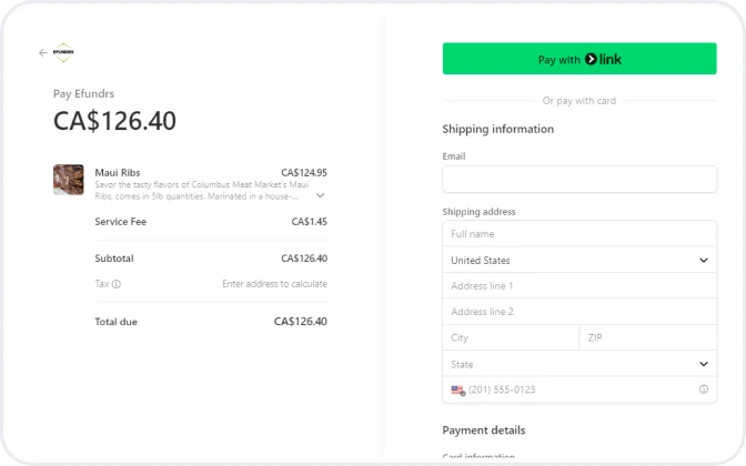 The Stripe checkout for the order