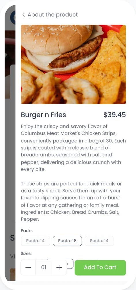 The Burger n Fries product page with pack options and Add To Cart
