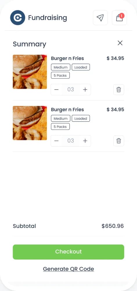 The bag summary with two items and the checkout button