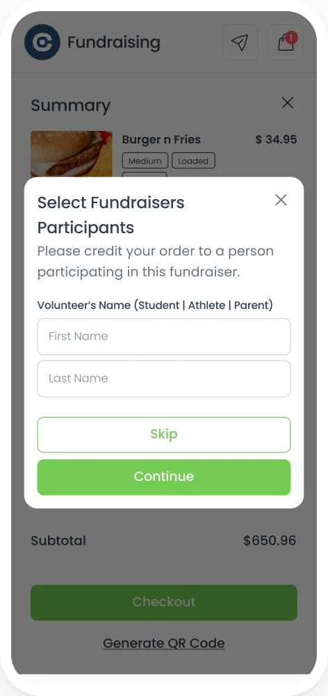 The Select Fundraisers Participants dialog on a phone