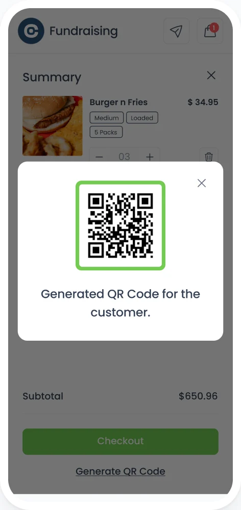A generated QR code for the customer to pay